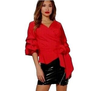 Guest Editor ruched long sleeve lightweight Red Wrap Blouse Size M